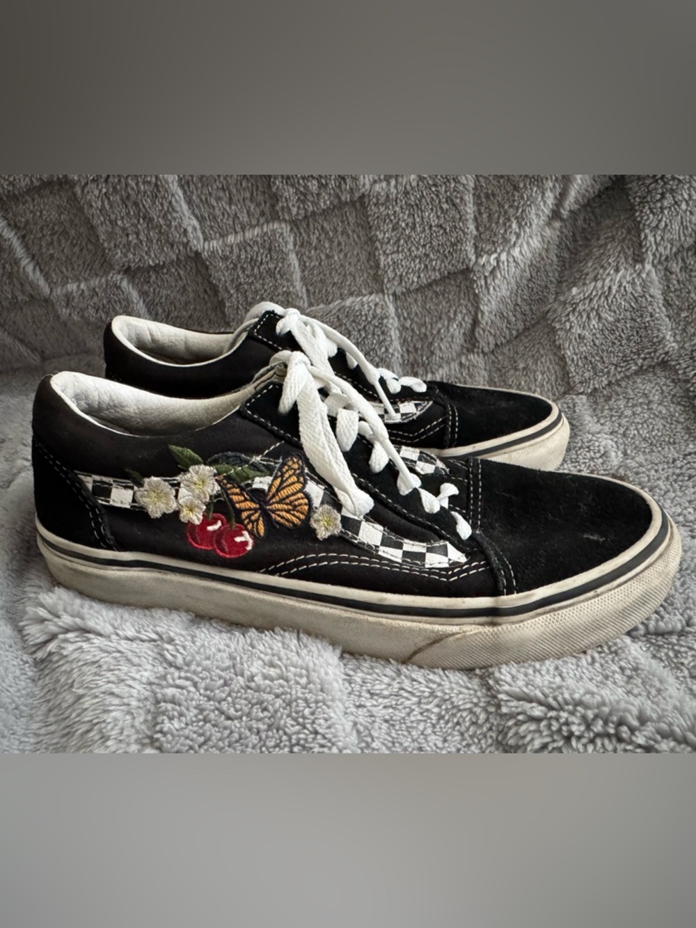 Vans Black Sneakers with Embroidered Butterfly, Cherries, and Checker Stripe